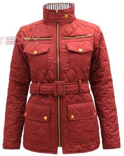 NEW WOMENS LADIES QUILTED PADDED BUTTON POCKET ZIP BELTED JACKET COAT 