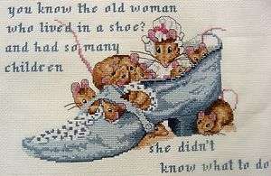   finished cross stitch The old woman lived in a shoe, Beatrix Potter