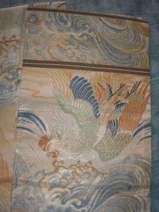 Antique Japanese Maru Obi/Kimono Silk Embroidery Phoenix Bird Waves 