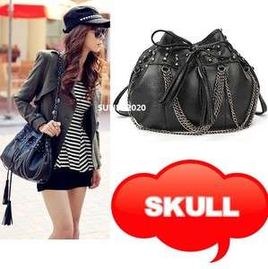 Fashion Design Black Skull PU Leather Tassels Shoulder Handbag Purse 