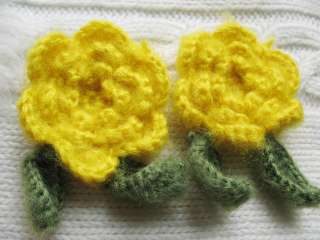 10ps Large Crochet Mohair Flower w/Leaf Applique Yellow  