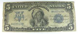 1899 $5 US Silver Certificate Note  Large Size Indian Chief  VG Very 