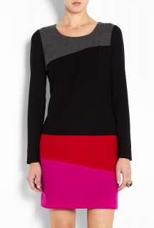 Black Colour Block Jersey Sleeve Wool Dress by DKNY