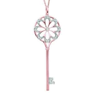  Diamond Flower Circle Key Pendant Necklace 14k Rose Gold 