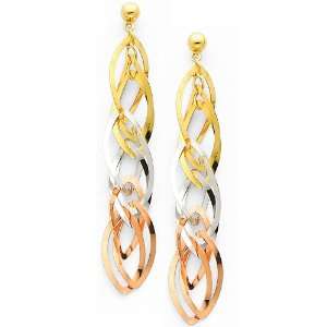 14K 3 Tri Color Gold Twisted Dangle Hanging Earrings with Pushback for 