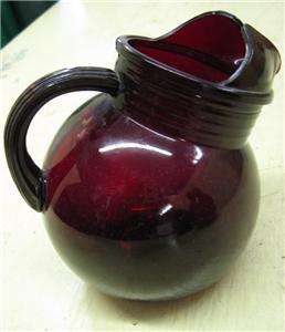 VINTAGE SMALL RUBY RED GLASS SLANTED BALL WATER PITCHER  