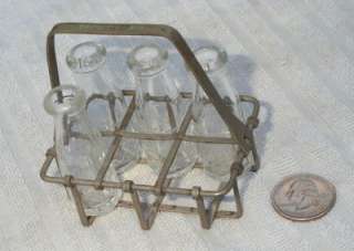 Antique Toy Miniature Mini Glass Milk Bottles & Carrier Sheffield 