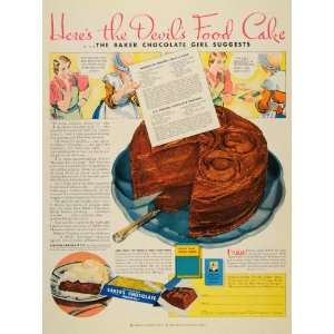  1933 Ad Bakers Chocolate Devils Food Cake Recipe Pie 