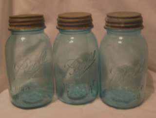   set of Three Blue Ball perfect mason 1 quart Jars w/ zinc lids  