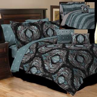 Bed In a Bag Bedding Reversible Comforter 10 Pieces Black Green Grey 