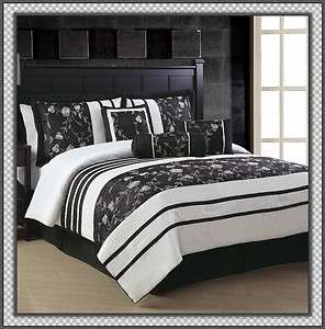  Black White AVA Embroidery Faux Silk Comforter King Bedding Set Bed 