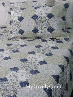 Blue Buttery Yellow Quilted BEDSPREAD Quilt 3pc Set KING / QUEEN 