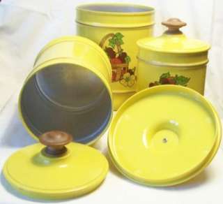Vintage Kromex Kitchen 3 Canister Set Yellow Metal Plastic Wood Basket 