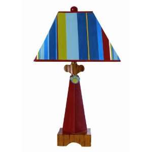  Table Lamp with Pyramid Base, Striped Square Tapered Shade, and Blue 