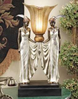 Art Deco Peacock Maidens Lamp Illuminated Sculpture  