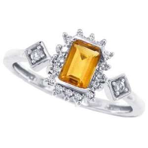  0.48CT Emerald Cut Citrine Ring with Diamonds in 10Kt 