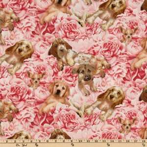  44 Wide Petpourri Puppies & Roses Pink Fabric By The 