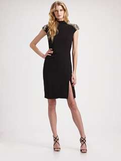 Alberta Ferretti   Embellished Shoulder Wool Dress/Black