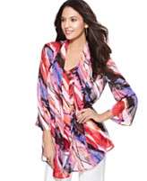 JM Collection Top, Three Quarter Sleeve Layered Look Printed V Neck