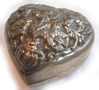 VINTAGE Silver Metal HEART Shaped Trinket Jewelry BOX  