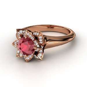  Lotus Ring, Round Ruby 14K Rose Gold Ring with Diamond 