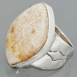 NATURAL FOSSIL CORAL GEMSTONE 925 STERLING SILVER RING JEWELRY SIZE 