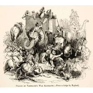 1877 Woodcut Charge Tamerlanes War Elephants Wartime Horses Animals 