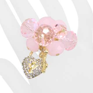 Crystal Cluster Pave Heart Key Stretch Ring Gold Pink  