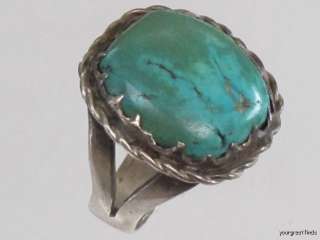 OLD NAVAJO HAND WROUGHT STERLING SILVER & NATURAL TURQUOISE RING 