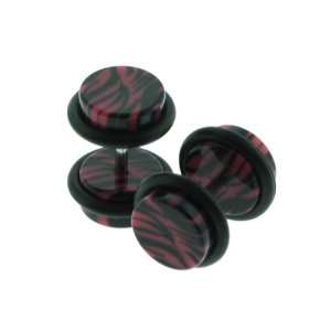 Maroon Zebra Acrylic Fake Plugs   0G (8mm) with Double O Rings   16G 