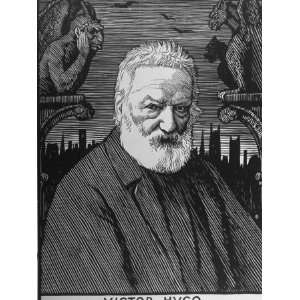 Woodcut Portrait of French Author Victor Hugo with Gargoyles 