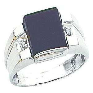  14K White Gold Onyx & Diamond Mens Ring Sz 10 Jewelry