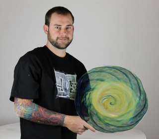 HOLDMAN STUDIOS  Hand Blown Art Glass Platter in Aquamarine and 
