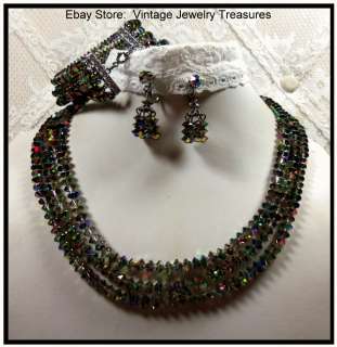   Aurora Borealis Glass Bead Necklace Bracelet & Clip Earrings  