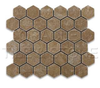 Noce Travertine Tumbled 2 Hexagon Mosaic Tile on Mesh  