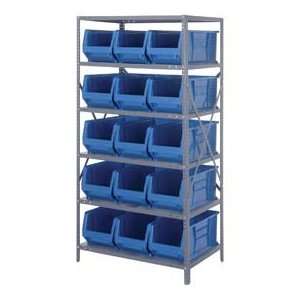   24x36x75 Steel Shelving With 15 24D Hopper Bins Blue