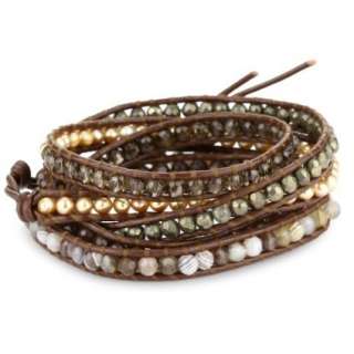 Chan Luu Brown Semi Precious Stones with Fresh Water Pearls on Leather 