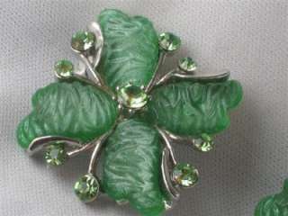 Stunning Carved Green Plastic / Lucite & Rhinestone Earrings   Clip On 