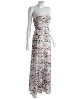 BCBGMAXAZRIA pink, grey and white floral print tiered tulle strapless 