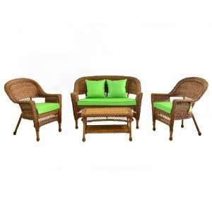   Honey Wicker Conversation Set   Green Cushions Patio, Lawn & Garden
