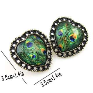 Antique Brass Peacock Feather Tail Heart Earrings Studs  