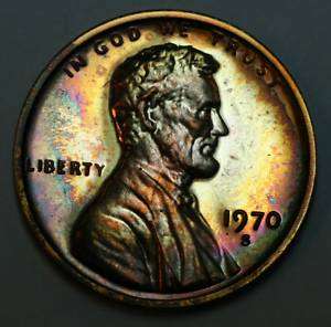 Nice Rainbow Target Toned 1970 S Lincoln Penny   PF  