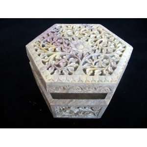  Hand Crafted Marble Hexagonal Box, Carved Plant