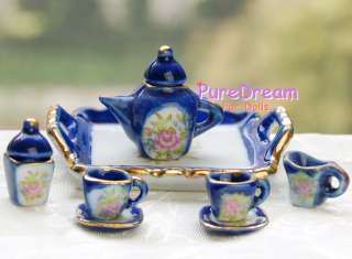 12 Dollhouse Porcelain Dinnerware Tea set Pot tray Coffee set 8PCS 