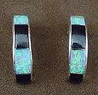 Silver Jet & Created Blue Opal Inlay Post Hoop Earrings