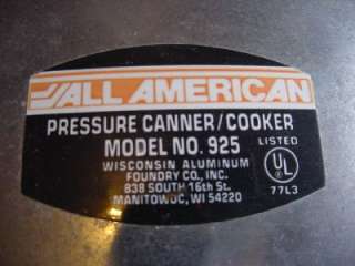 All American Pressure Canner Cooker Model No. 925  
