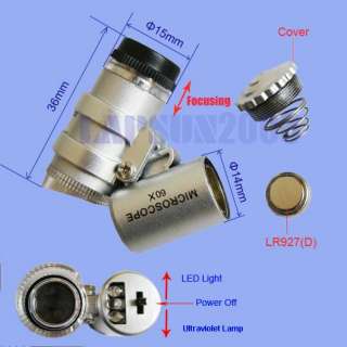 60X LED Pocket Microscope Magnifier Loupe Jewelry + UV  