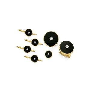 Solid 14k Gold and Onyx with Center Diamond Round Cufflinks, Tie Tac 