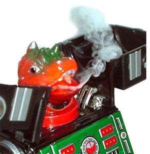 Metal House Battery Op Tin Toy Smoking Dino Robot Japan  
