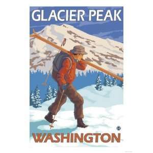 Skier Carrying Snow Skis, Glacier Peak, Washington Giclee Poster Print 